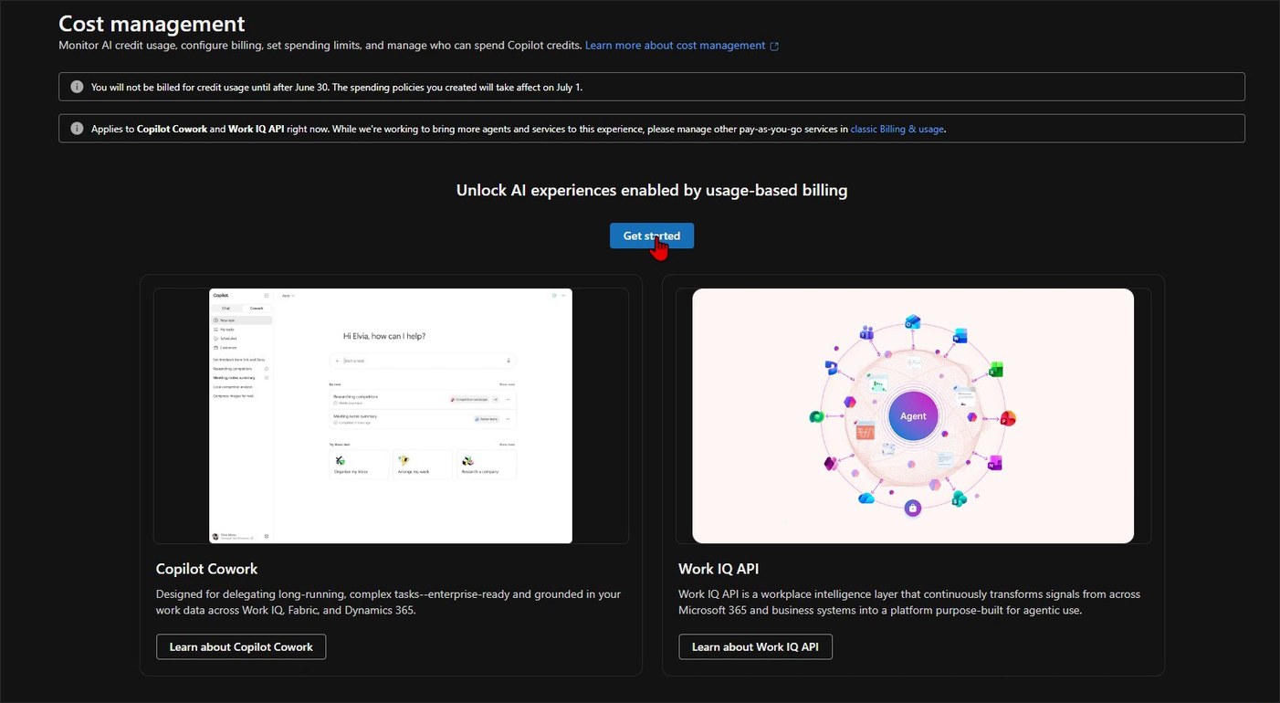 Microsoft 365 admin center Cost management page showing Copilot Cowork and Work IQ API usage-based billing