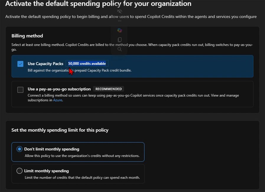 Billing method options for Copilot Credits showing Capacity Packs and pay-as-you-go subscription