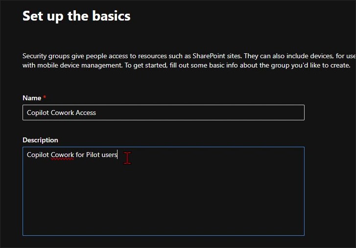 Microsoft 365 admin center security group creation screen with the name Copilot Cowork Access