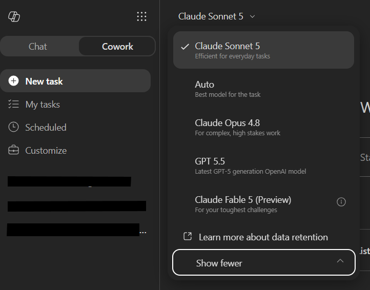 Copilot Cowork model picker before GPT-5.6 models are enabled