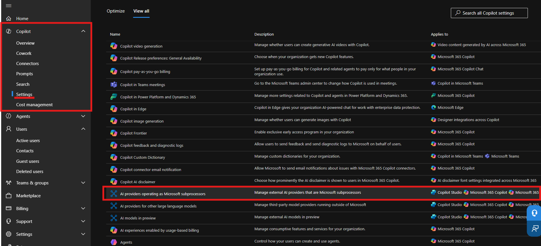 Microsoft 365 admin center Copilot settings showing AI providers operating as Microsoft subprocessors