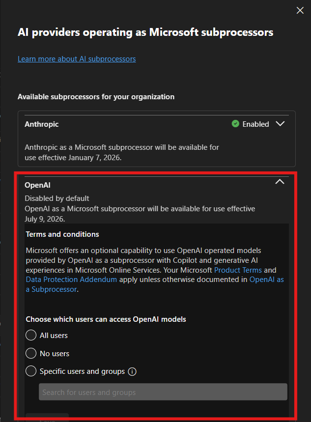 OpenAI subprocessor access settings in the Microsoft 365 admin center