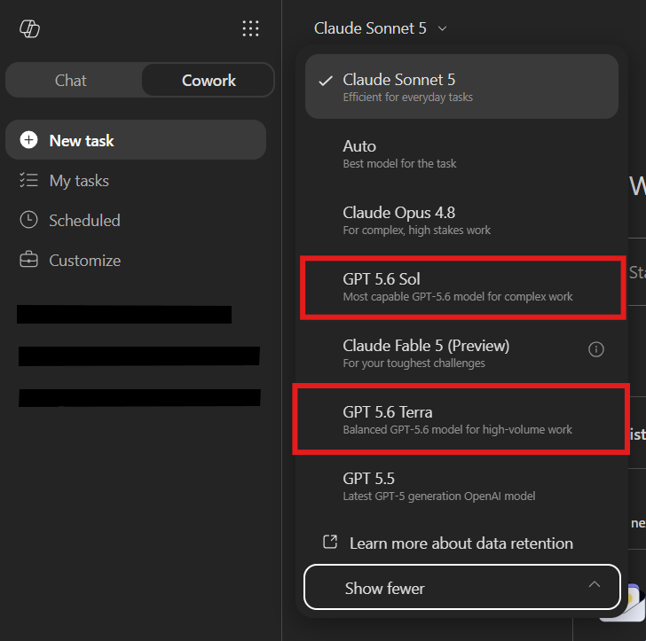 Copilot Cowork model picker showing GPT 5.6 Sol and GPT 5.6 Terra