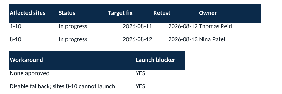 Defect register showing affected sites, in-progress status, target fix dates, retest dates, workarounds, and launch blocker flags