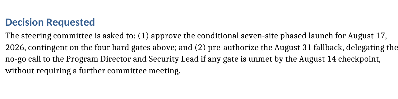 Sonnet memo excerpt delegating the no-go call to the Program Director and Security Lead