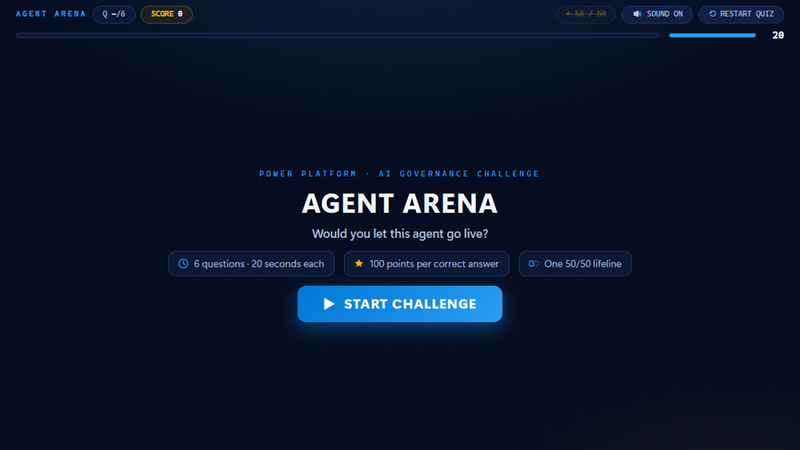 Agent Arena moving from its opening screen to a question and answer result