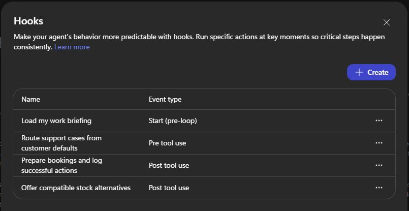 Four configured hooks in Copilot Studio