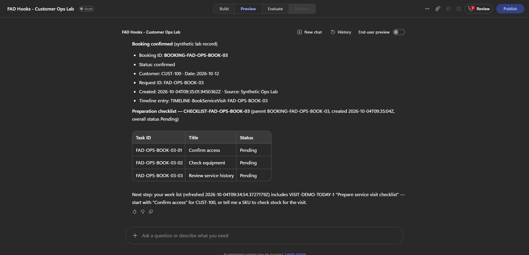 Booking confirmation and three preparation tasks